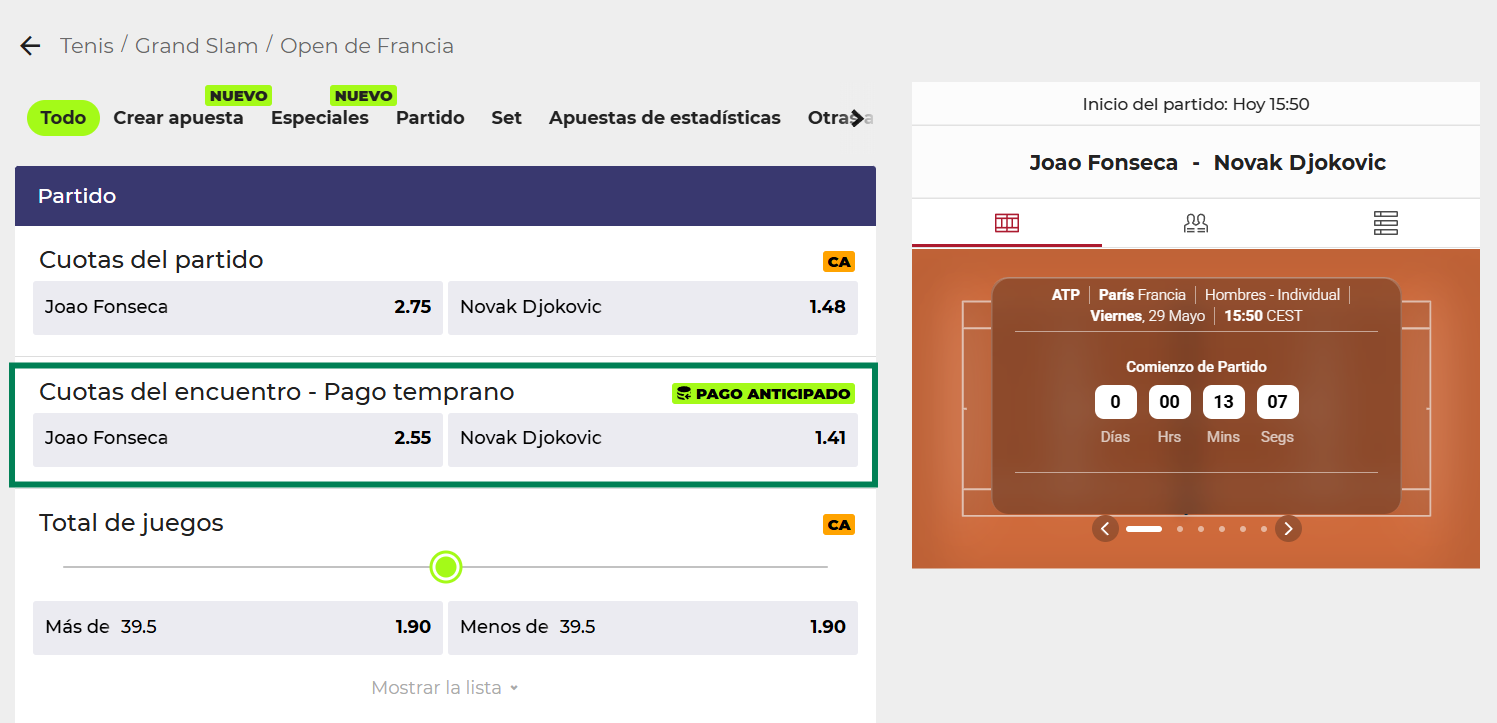 Mercado resaltado para la cuota anticipada en YoSports